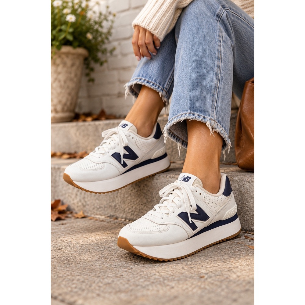 New Balance 574+ Women's 8 White Violet Navy Platform Sneakers Gum Sole WL574ZFM